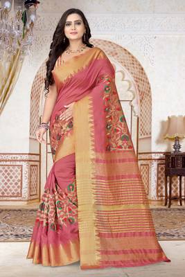 Pink embroidered cotton silk saree with blouse 1