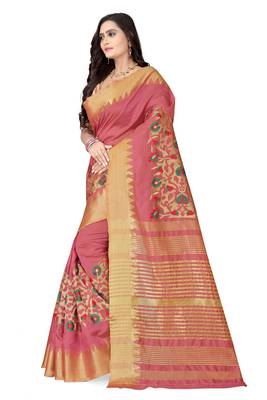 Pink embroidered cotton silk saree with blouse 2