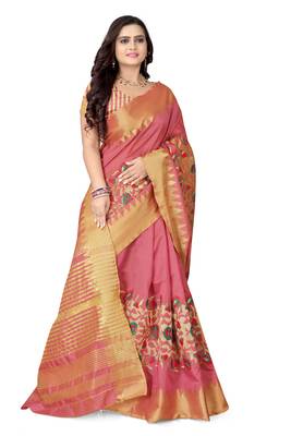 Pink embroidered cotton silk saree with blouse 3