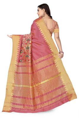 Pink embroidered cotton silk saree with blouse 4