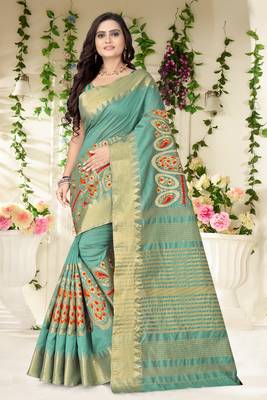 Turquoise embroidered cotton silk saree with blouse 1