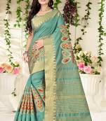 Turquoise embroidered cotton silk saree with blouse