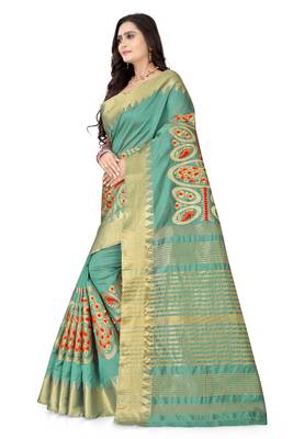 Turquoise embroidered cotton silk saree with blouse 2