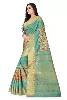 Turquoise embroidered cotton silk saree with blouse