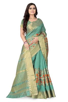 Turquoise embroidered cotton silk saree with blouse 3