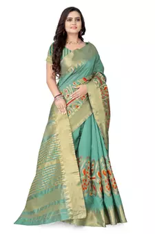 Turquoise embroidered cotton silk saree with blouse