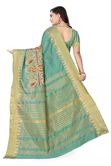 Turquoise embroidered cotton silk saree with blouse