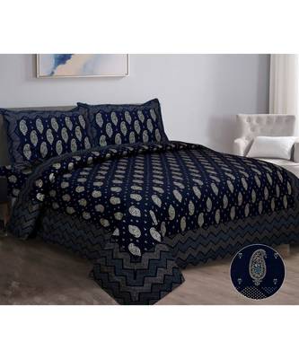 Ridan cotton navy blue  gold printed king size double bed sheet with pillow cover 1