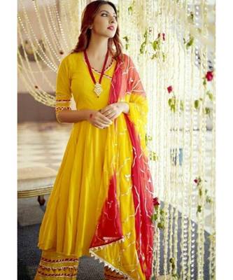 Yellow  Women's rayon gotta work kurta and palazoo and dupatta  set 1