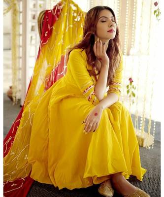 Yellow  Women's rayon gotta work kurta and palazoo and dupatta  set 2