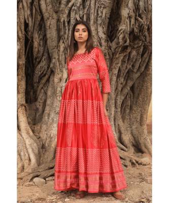 pure hand block printed gown in madras silk fabric with gathering on waist line 1