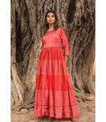 pure hand block printed gown in madras silk fabric with gathering on waist line