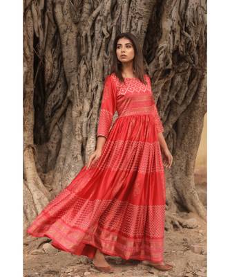 pure hand block printed gown in madras silk fabric with gathering on waist line 3