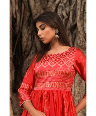 pure hand block printed gown in madras silk fabric with gathering on waist line 4