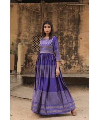 pure hand block printed gown in madras silk fabric with gathering on waist line 1