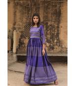 pure hand block printed gown in madras silk fabric with gathering on waist line