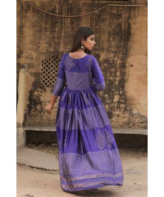 pure hand block printed gown in madras silk fabric with gathering on waist line 2