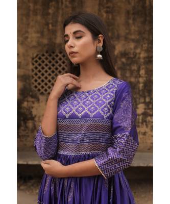 pure hand block printed gown in madras silk fabric with gathering on waist line 3