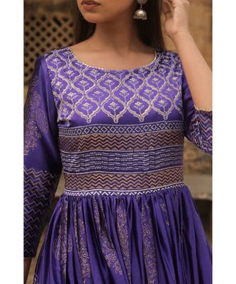 pure hand block printed gown in madras silk fabric with gathering on waist line 4