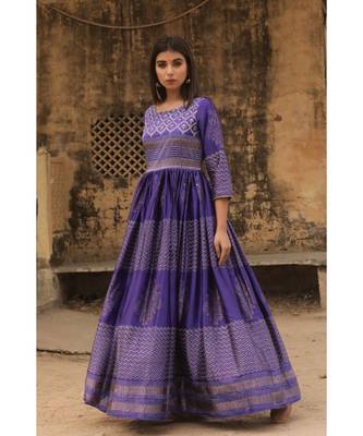 pure hand block printed gown in madras silk fabric with gathering on waist line 5