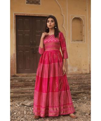 pure hand block printed gown in madras silk fabric with gathering on waist line 1