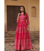 pure hand block printed gown in madras silk fabric with gathering on waist line