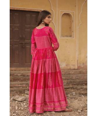 pure hand block printed gown in madras silk fabric with gathering on waist line 2