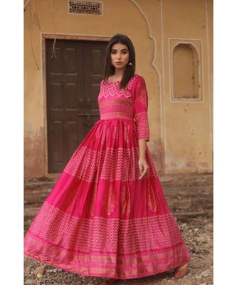pure hand block printed gown in madras silk fabric with gathering on waist line 3