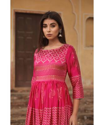 pure hand block printed gown in madras silk fabric with gathering on waist line 4