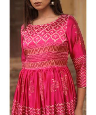 pure hand block printed gown in madras silk fabric with gathering on waist line 5