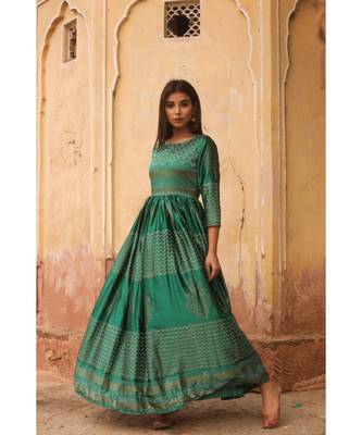 pure hand block printed gown in madras silk fabric with gathering on waist line 1