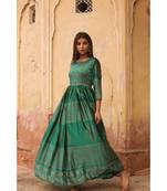 pure hand block printed gown in madras silk fabric with gathering on waist line