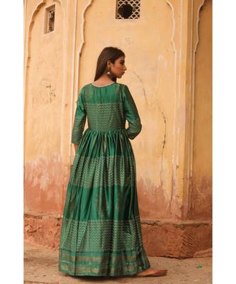 pure hand block printed gown in madras silk fabric with gathering on waist line 2