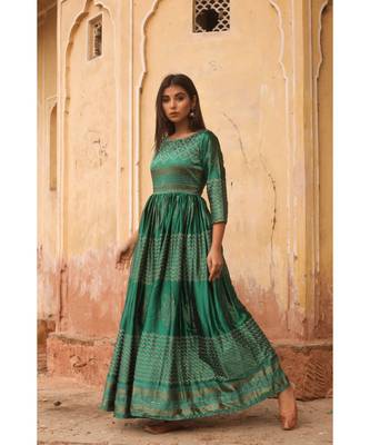 pure hand block printed gown in madras silk fabric with gathering on waist line 3