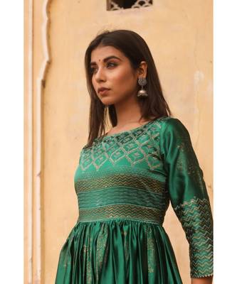 pure hand block printed gown in madras silk fabric with gathering on waist line 4