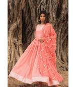 linen cotton gown with chiffon dupatta alongwith hand gota work on dupattas