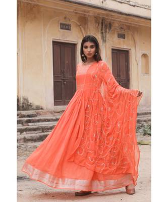 linen cotton gown with chiffon dupatta alongwith hand gota work on dupattas 1
