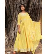 linen cotton gown with chiffon dupatta alongwith hand gota work on dupattas