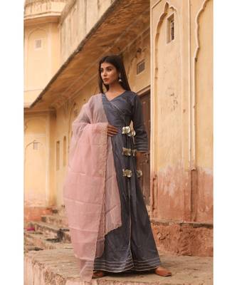 pure jaam silk gown in angrakha style along with pure organza dupatta with complete hand work 1