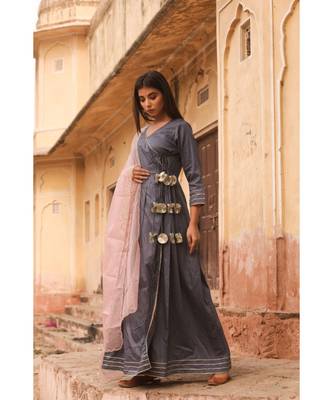 pure jaam silk gown in angrakha style along with pure organza dupatta with complete hand work 2