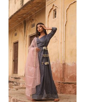 pure jaam silk gown in angrakha style along with pure organza dupatta with complete hand work 3