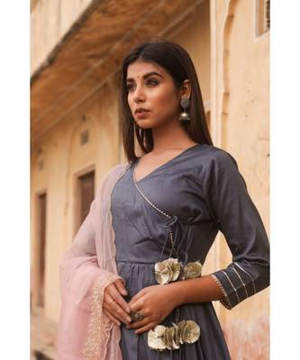 pure jaam silk gown in angrakha style along with pure organza dupatta with complete hand work 4