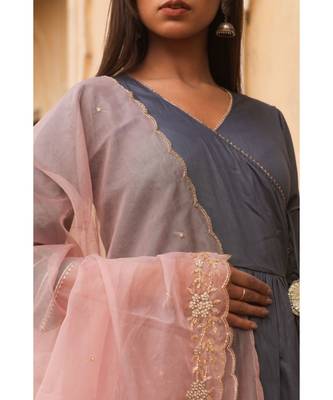 pure jaam silk gown in angrakha style along with pure organza dupatta with complete hand work 6
