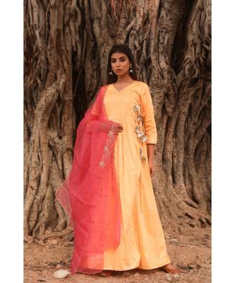 pure jaam silk gown in angrakha style along with pure organza dupatta with complete hand work 1