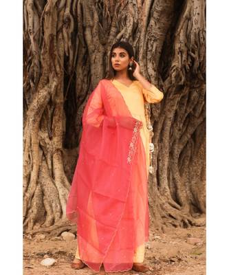pure jaam silk gown in angrakha style along with pure organza dupatta with complete hand work 3