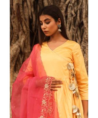 pure jaam silk gown in angrakha style along with pure organza dupatta with complete hand work 4