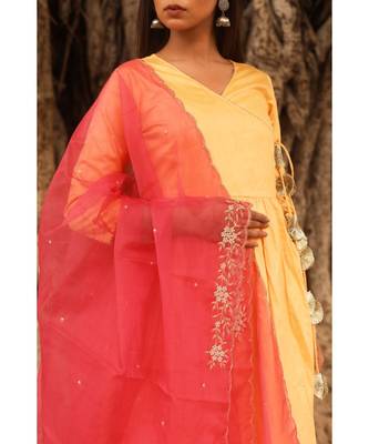 pure jaam silk gown in angrakha style along with pure organza dupatta with complete hand work 6