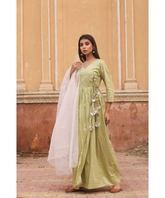 pure jaam silk gown in angrakha style along with pure organza dupatta with complete hand work 1