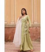 pure jaam silk gown in angrakha style along with pure organza dupatta with complete hand work