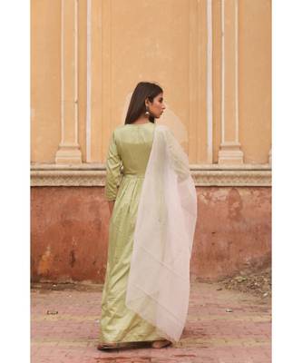 pure jaam silk gown in angrakha style along with pure organza dupatta with complete hand work 2